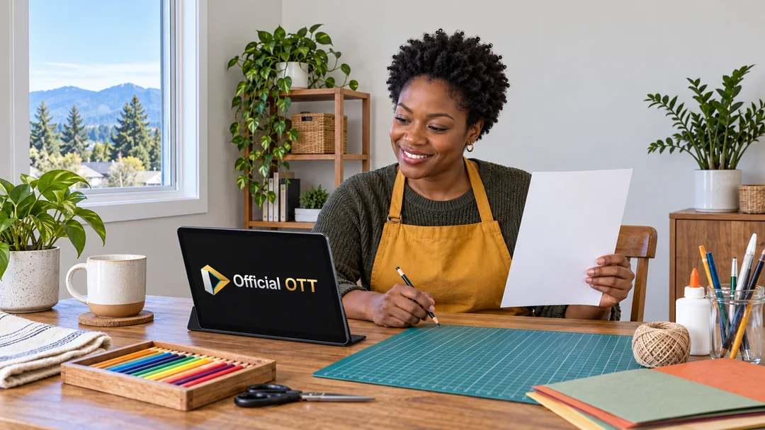 An adult holds a blank sheet beside a tablet