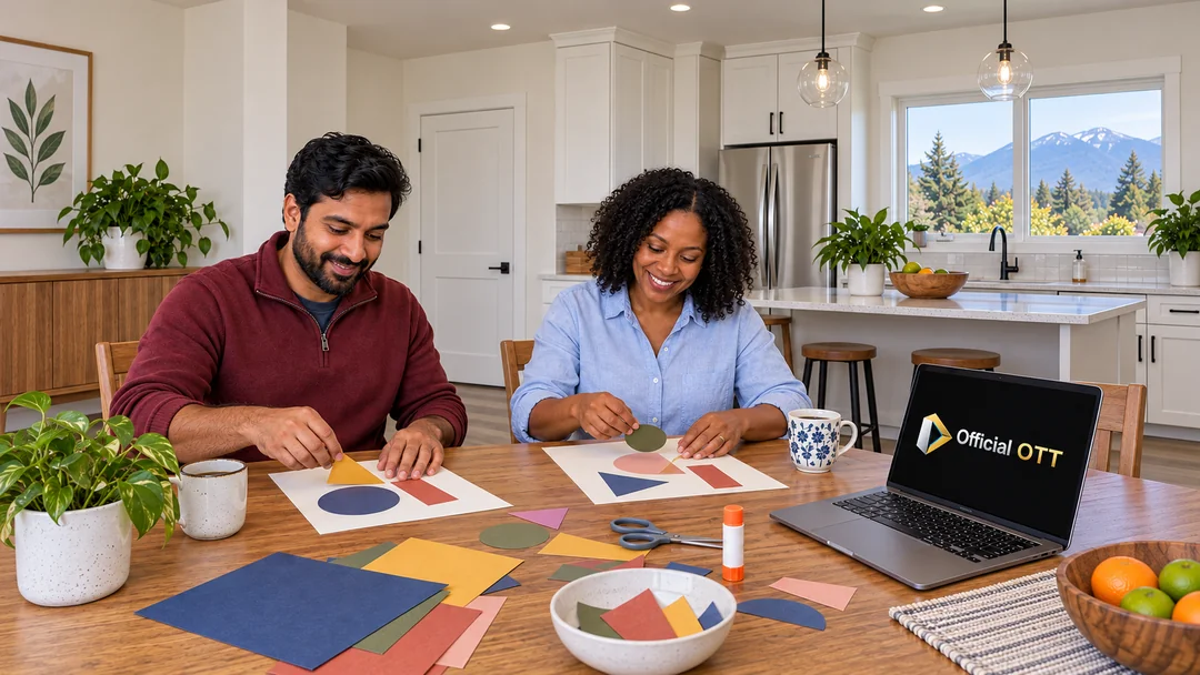 Two adults assemble simple paper shapes beside a laptop