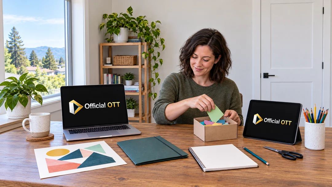 An adult puts spare paper pieces away beside her collage and devices