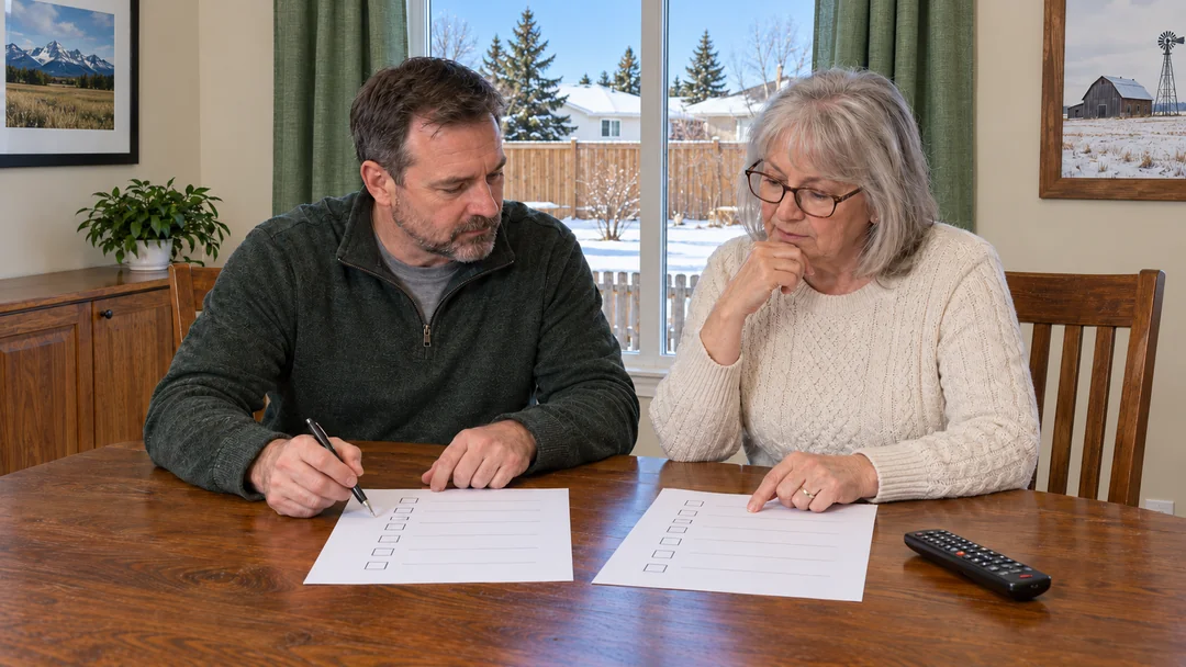 Deux adultes comparant leurs fiches de préparation autour d’une table
