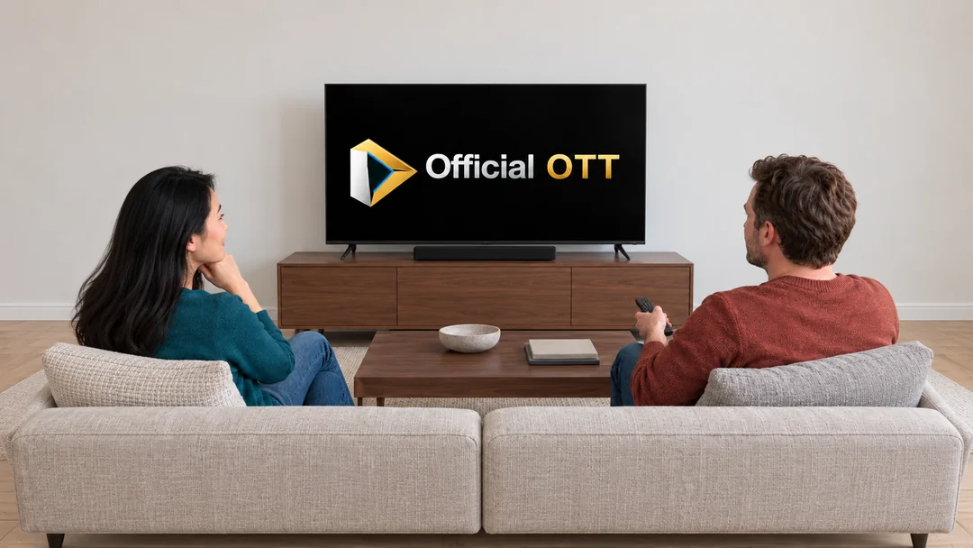 Deux adultes observent un téléviseur avec une barre de son