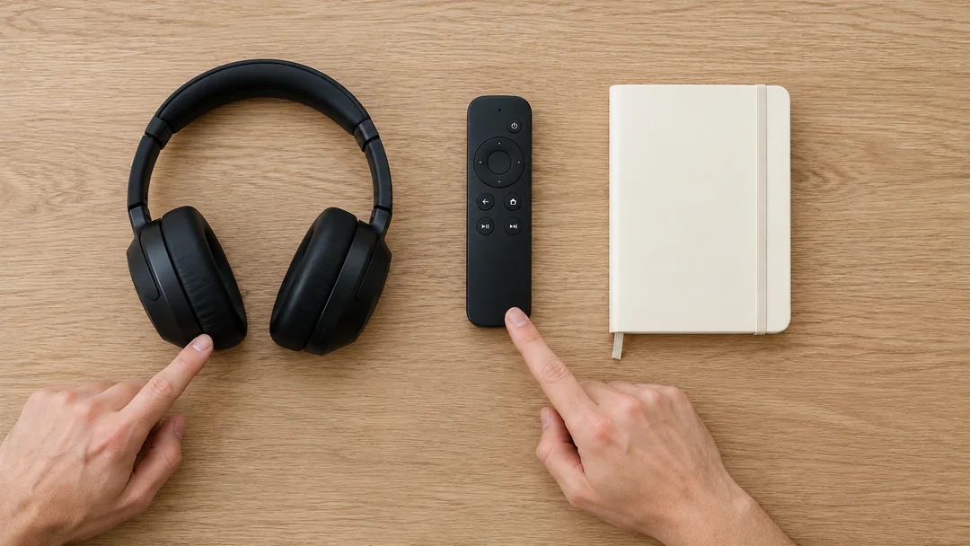 Des écouteurs, une télécommande et un carnet sont disposés sur une table