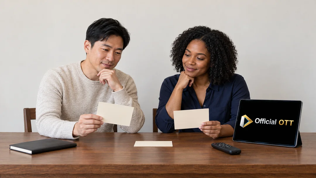 Deux adultes relisent des cartes de comparaison près d’une tablette