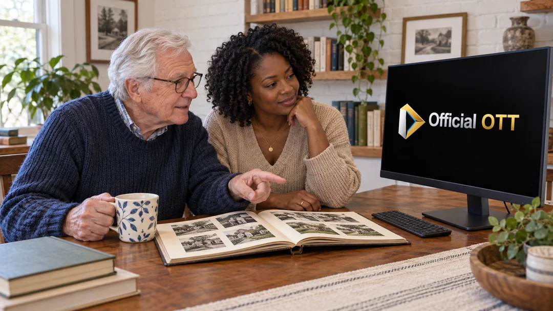Two adults consult an album and a computer at home