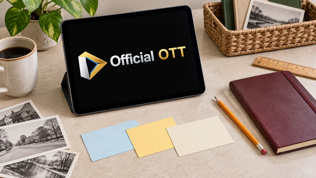 Tablet, notebook and three blank cards arranged on a table