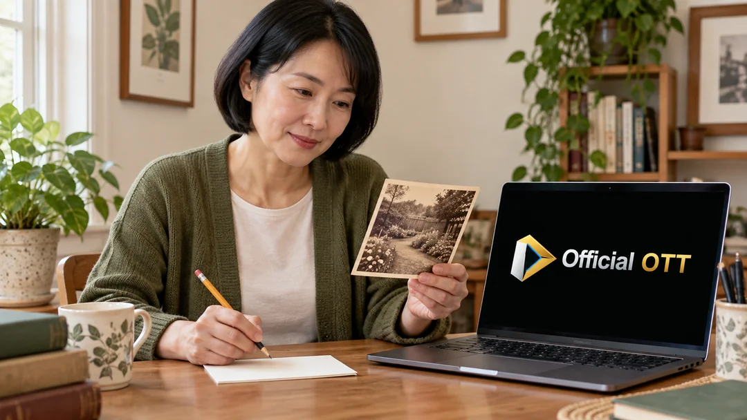 A woman takes notes beside a laptop while holding a photograph
