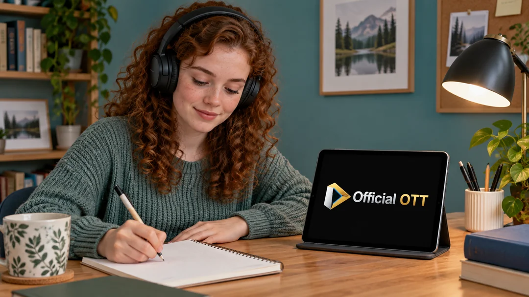 A woman wearing headphones takes notes beside a tablet