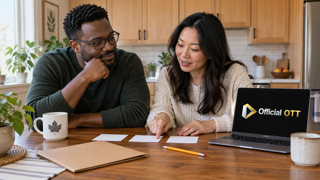 Two adults organize index cards beside a laptop
