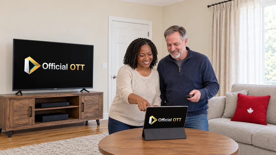 Deux adultes debout consultant une tablette près d’un téléviseur, avec un coussin à feuille d’érable
