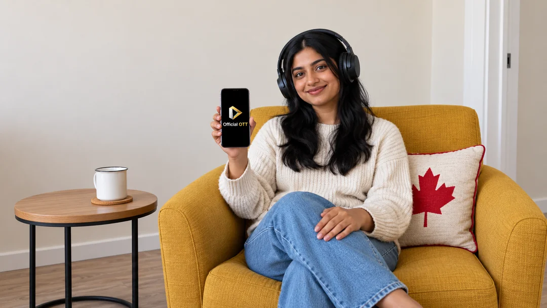 Une femme portant un casque et tenant un téléphone dans un fauteuil jaune, près d’un coussin à feuille d’érable