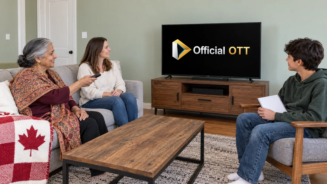 Trois membres d’une famille discutant devant un téléviseur, avec un carnet et une couverture canadienne