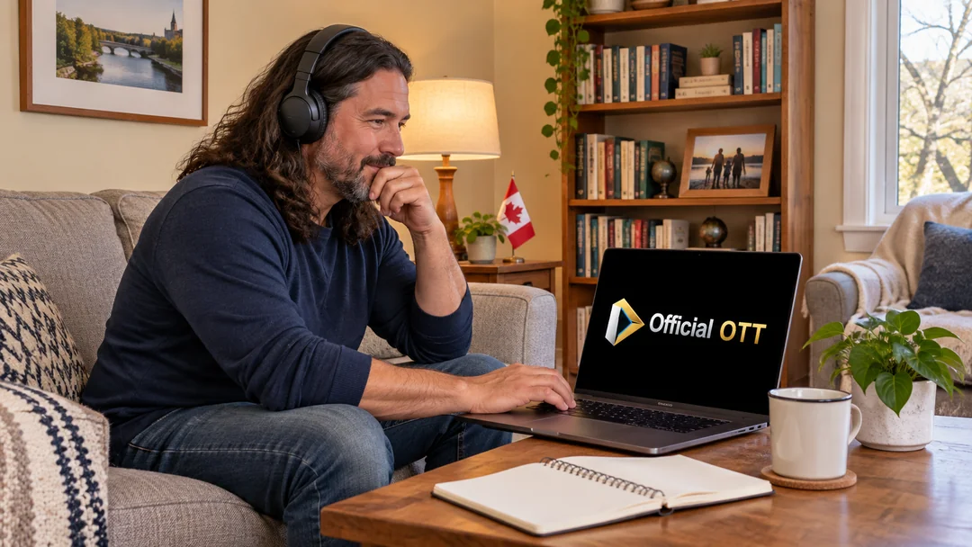 An adult wearing headphones beside a laptop in a living room