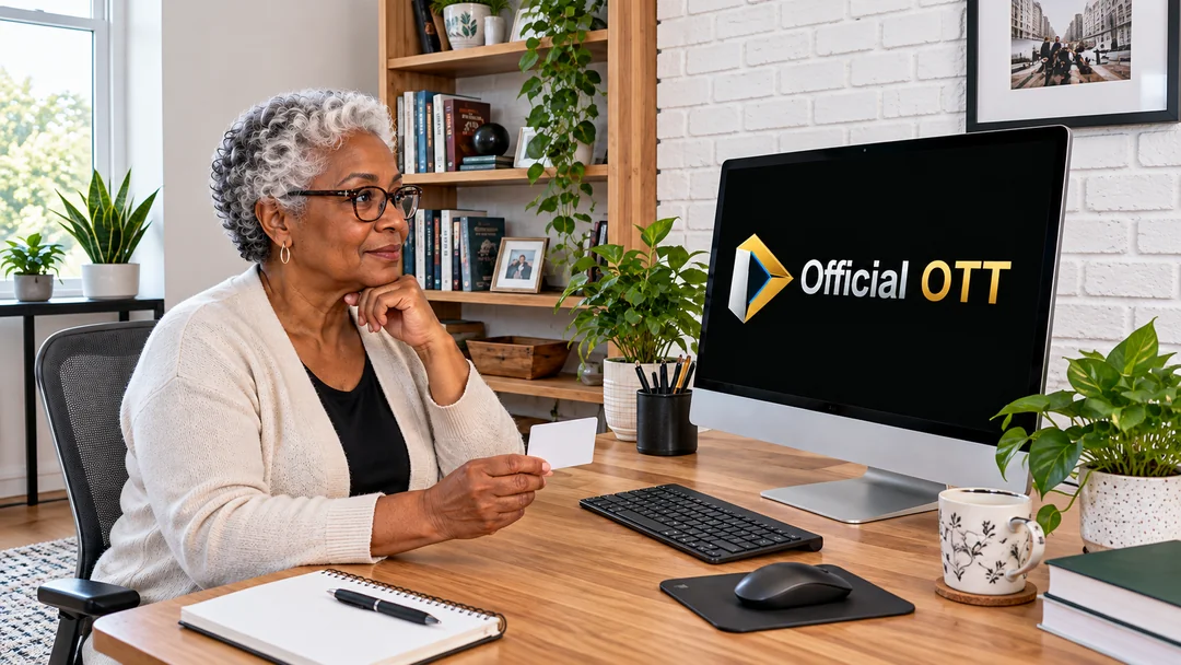An adult checks a desktop computer while holding an unmarked card