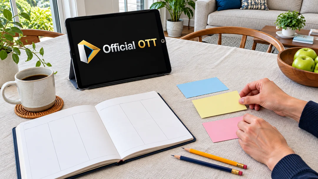 Hands arrange cards beside a blank planner and tablet