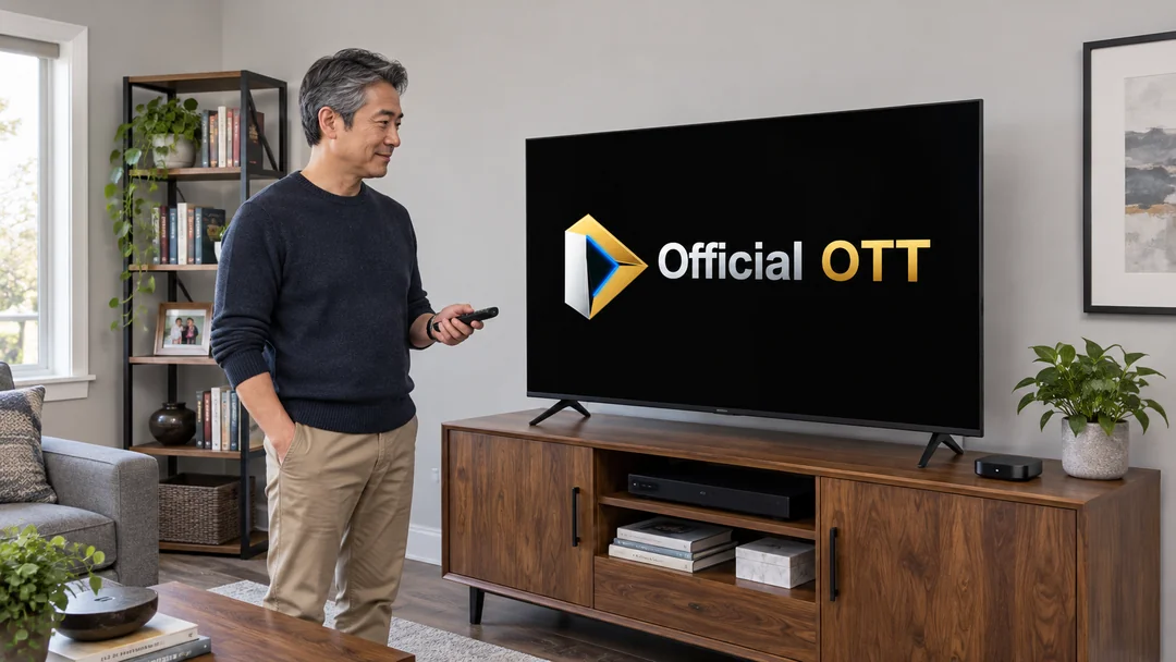 An adult checks a television and remote beside a streaming device