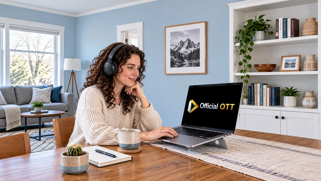 An adult wearing headphones uses a laptop