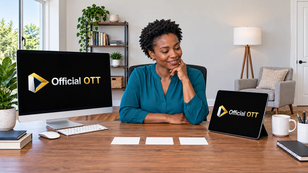 An adult compares a computer and tablet with blank cards on her desk