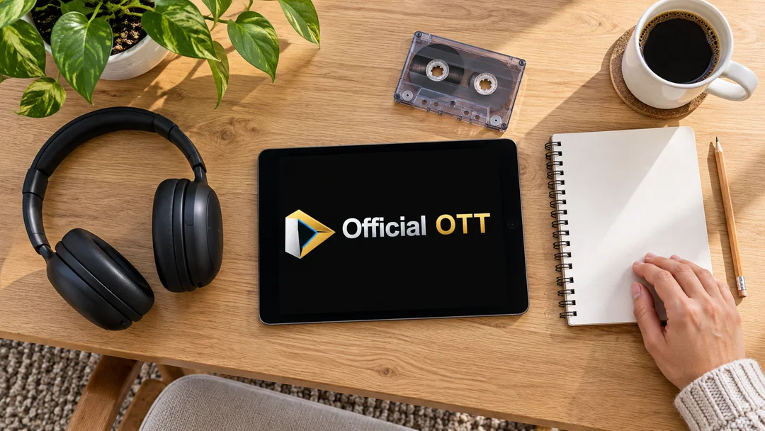 A tablet, headphones and an unlabelled cassette lie beside a notebook