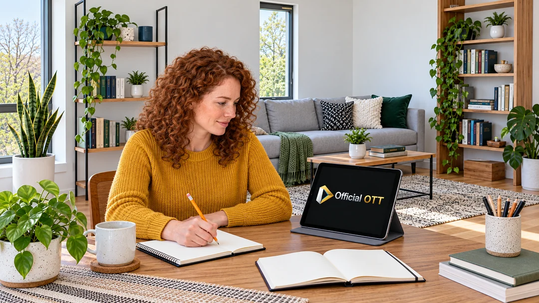 An adult takes notes beside a tablet and two blank notebooks
