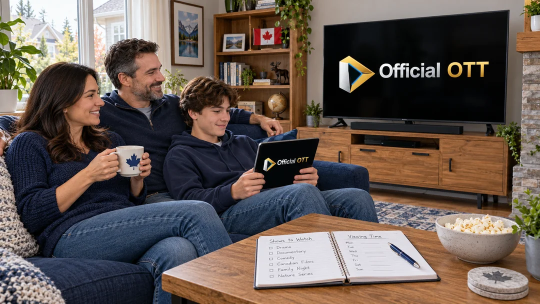 Family using a television and tablet with a viewing notebook on the table