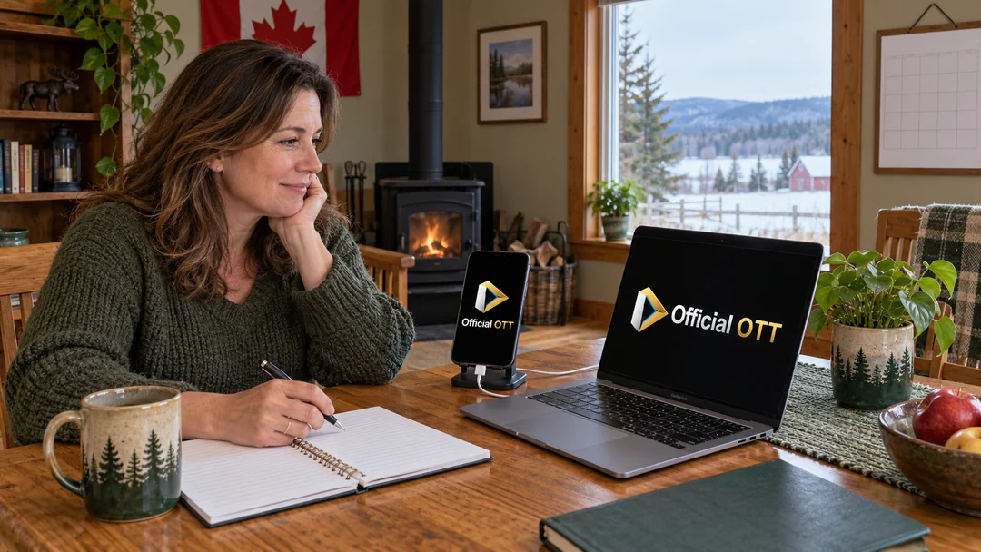Woman checking a phone beside a laptop in a Canadian home