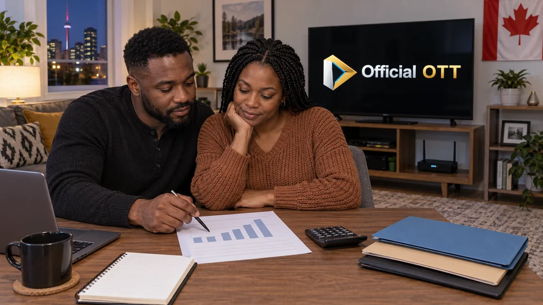 Couple reviewing a paper chart at a desk with a calculator and folders