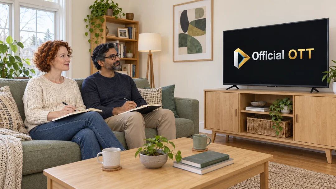 Two adults with notebooks beside a television in a bright living room