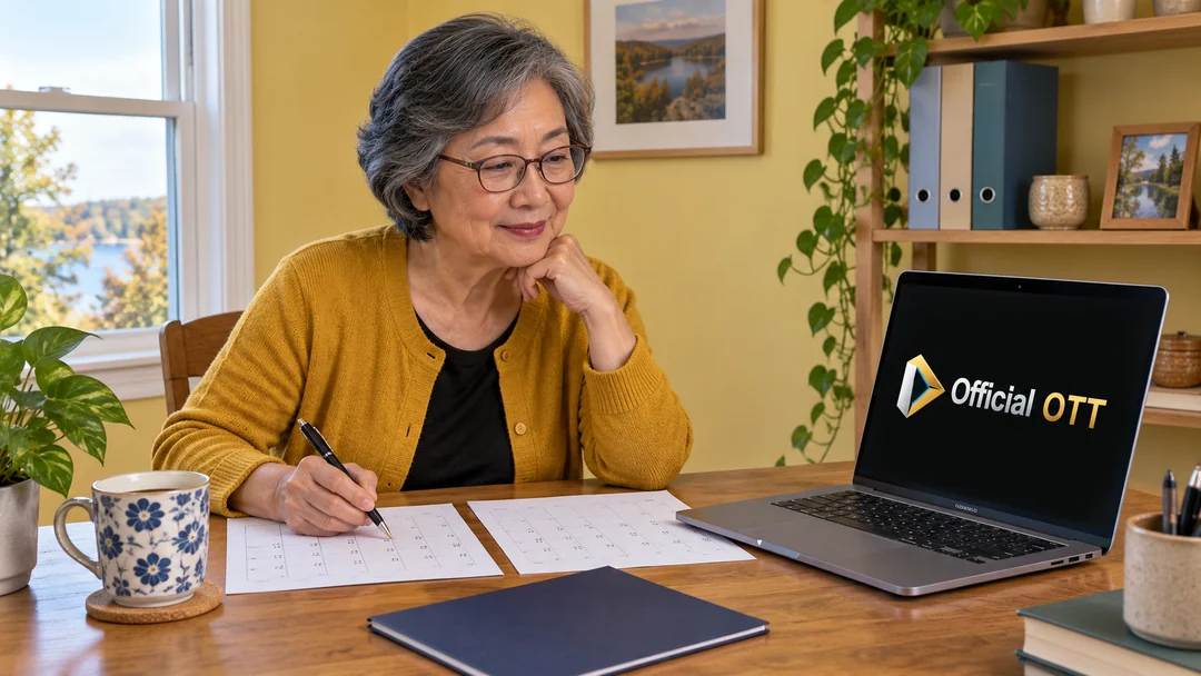 A woman comparing calendars beside a laptop