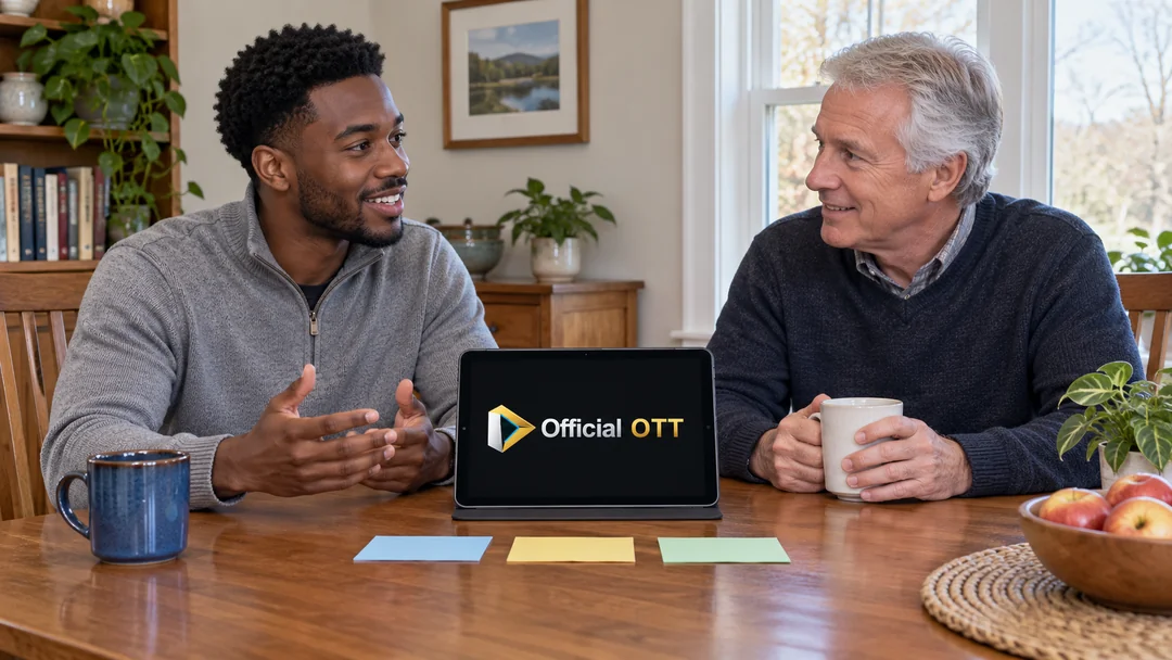 Two men discussing ideas around three coloured cards and a tablet