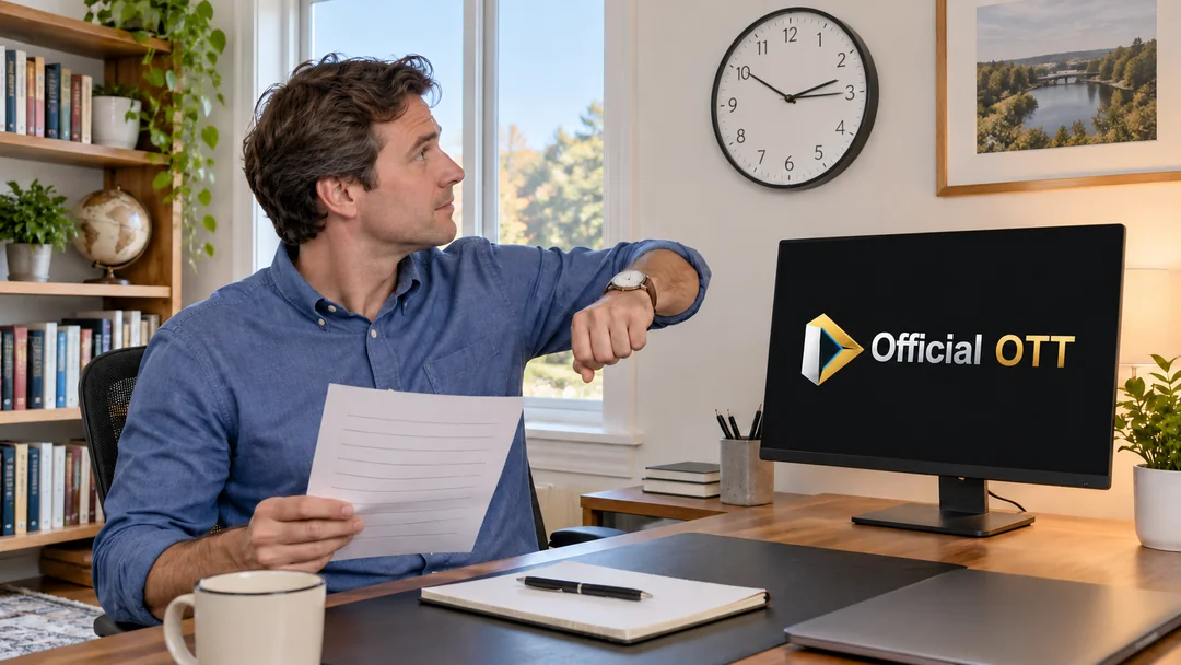 A man checking the time beside a monitor while holding a notes sheet