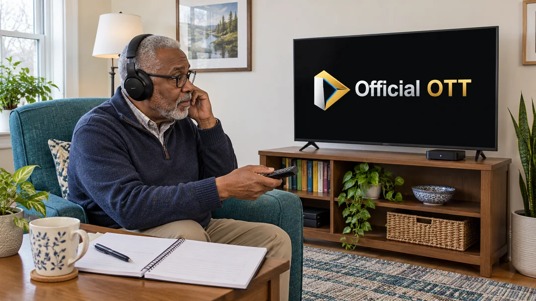 An older man wearing headphones and testing a remote beside a television