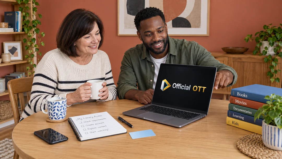A woman and man preparing digital access with a computer and a card without personal details