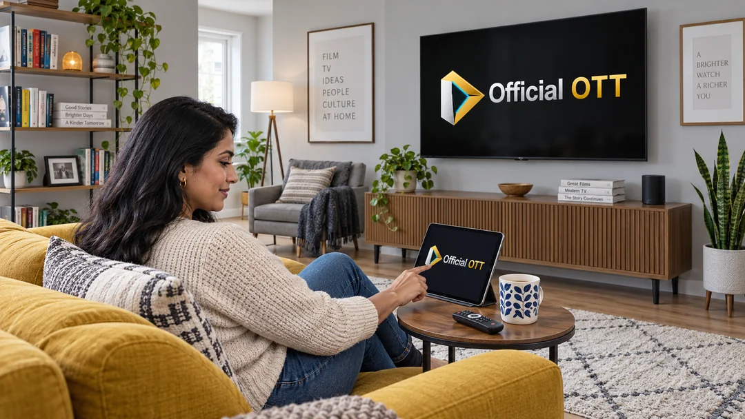 An adult preparing a programme on a tablet near her television