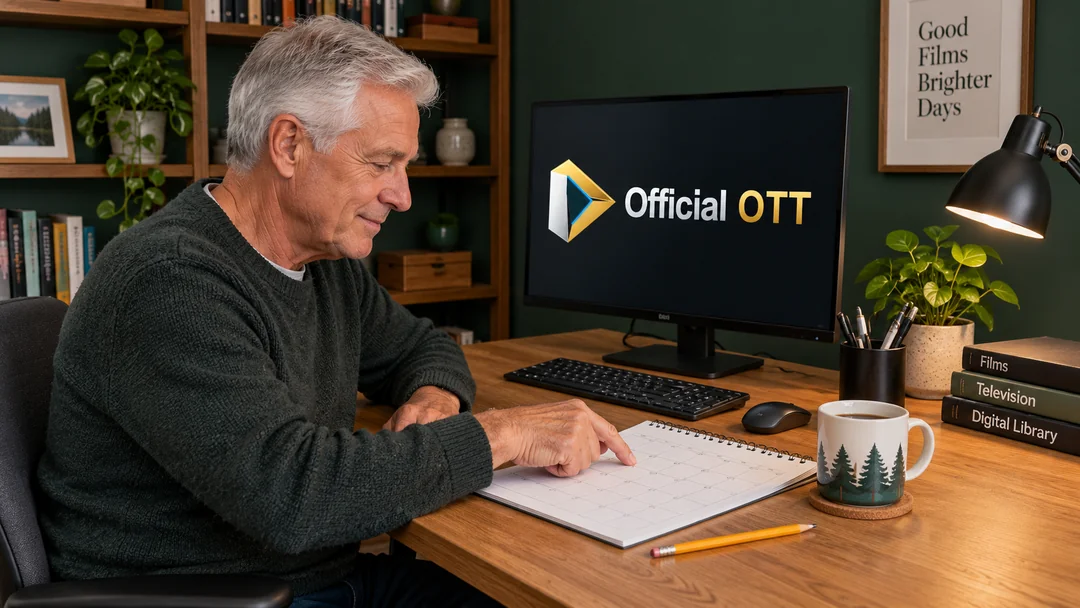 A man comparing a film selection with a calendar at his desk