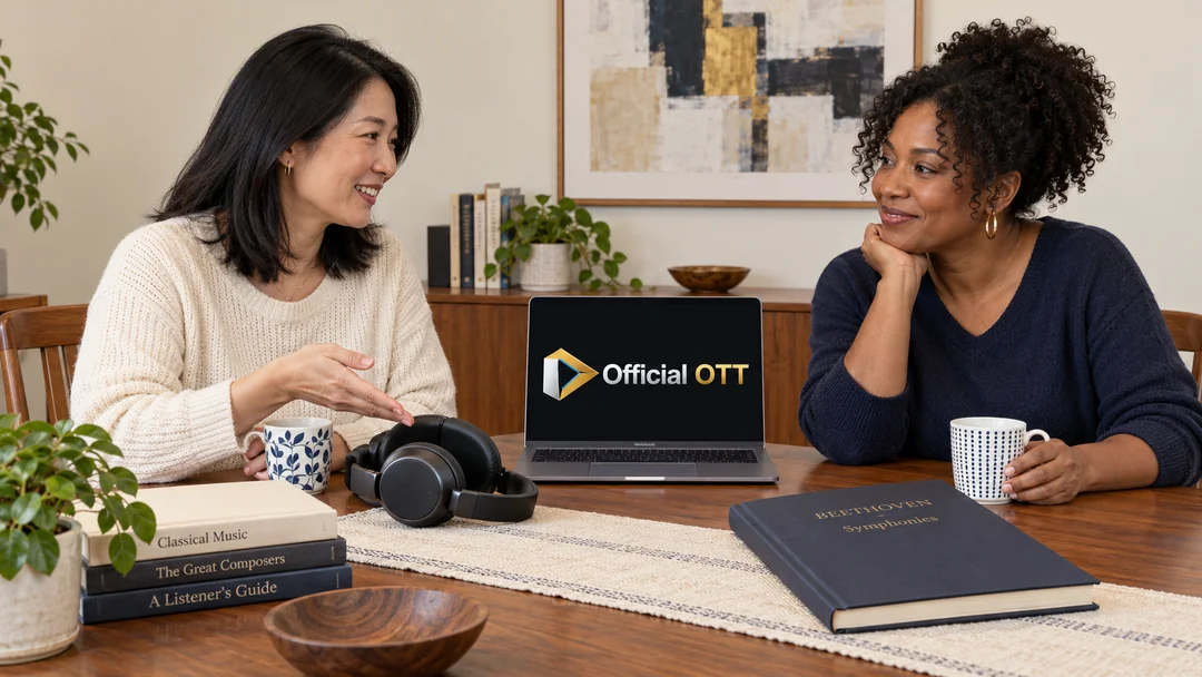 Two adults preparing a music session with a laptop and headphones resting on a table