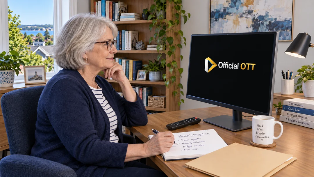 A woman following a municipal video with a notebook and remote control