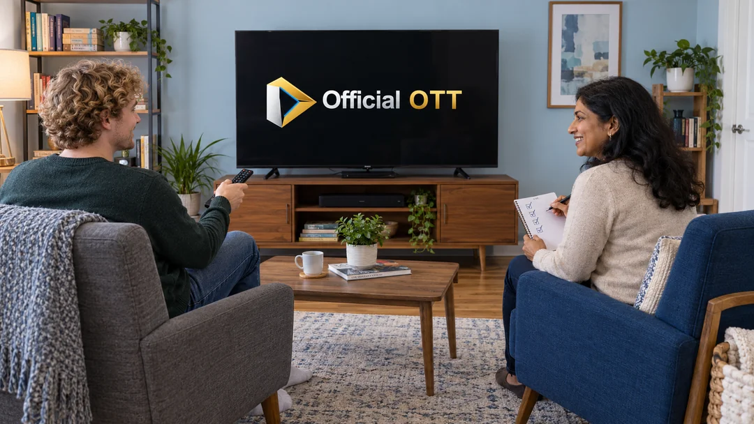 Two adults repeating viewing steps with a television and notebook