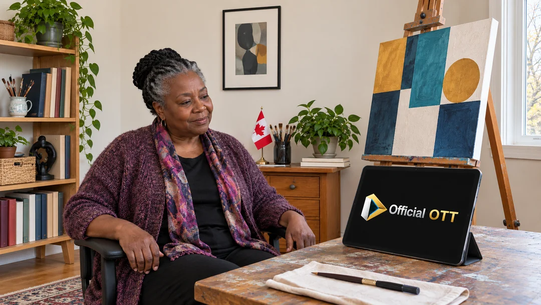 Une femme regardant une tablette dans un atelier avec une peinture géométrique fictive