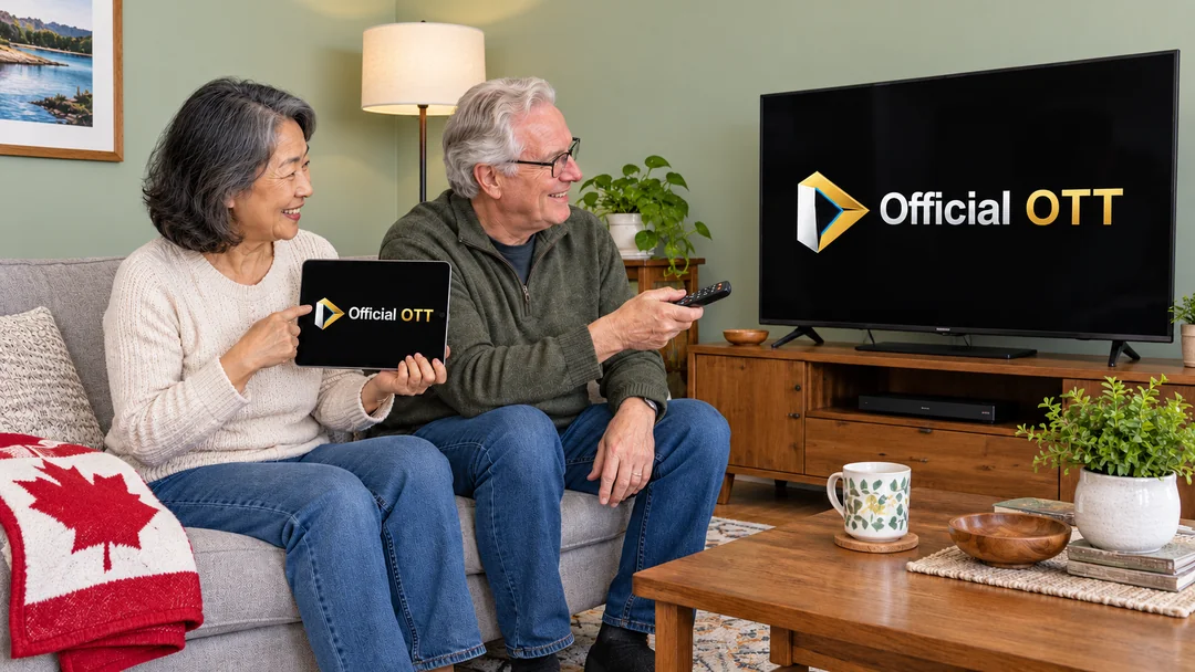 Deux adultes comparant une tablette et un téléviseur dans un salon avec une couverture à feuille d’érable