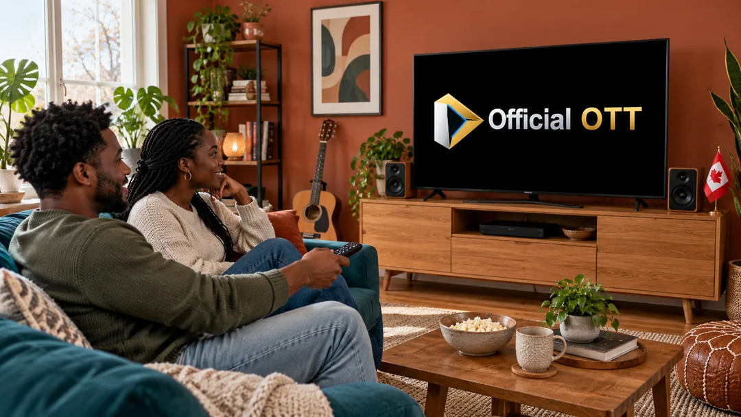 Two adults sitting beside a television and speakers