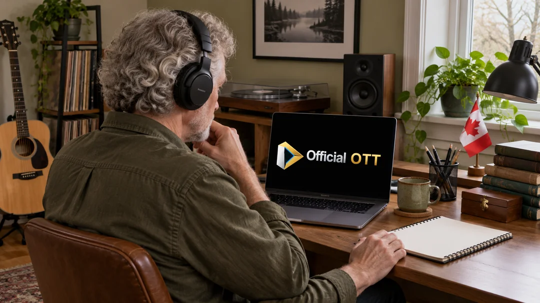 A grey-haired man takes notes while listening on headphones