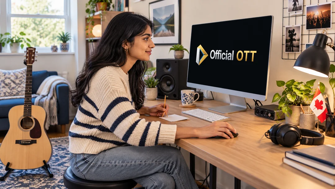 A woman uses a mouse at a computer beside a guitar