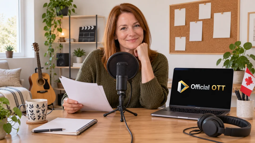 A woman prepares a microphone and pop filter at home