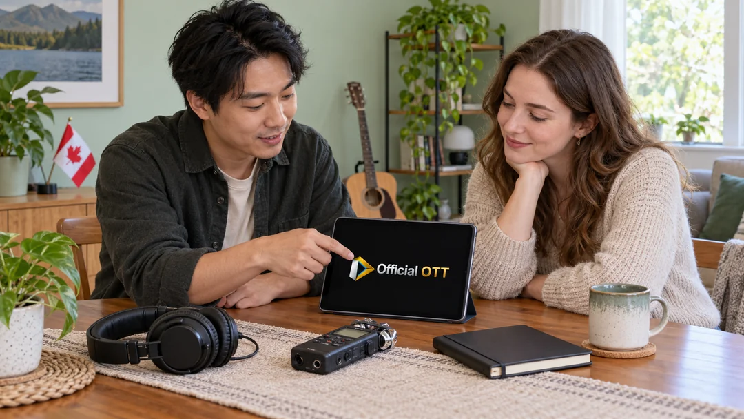 Two adults review a tablet beside a small audio recorder
