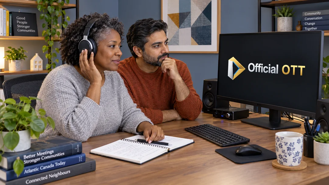 A woman wearing headphones and a man reviewing viewing choices beside a screen