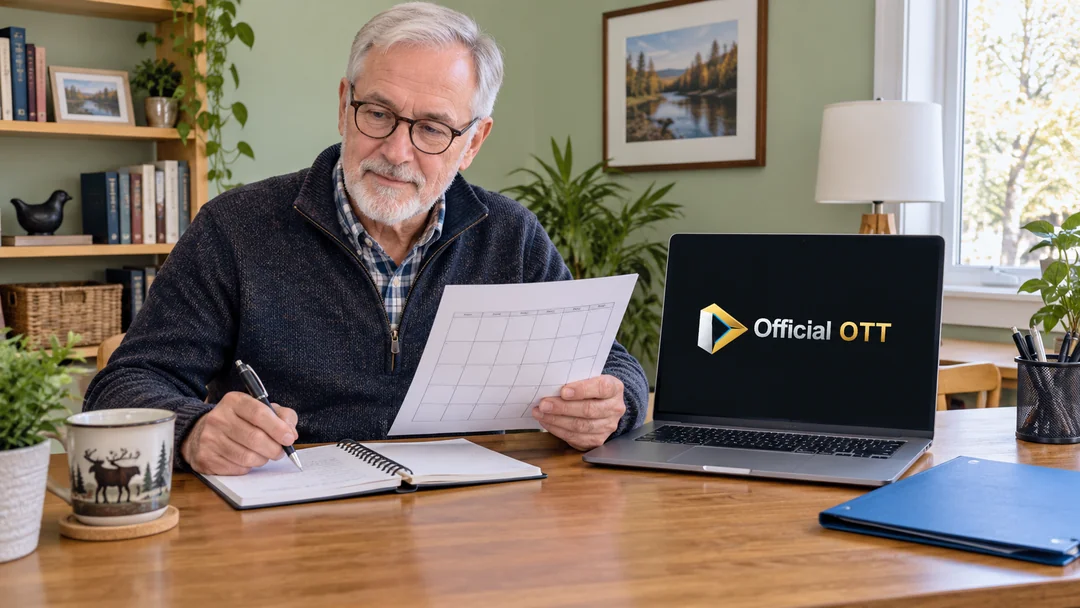 A man consulting a calendar beside a laptop and folder