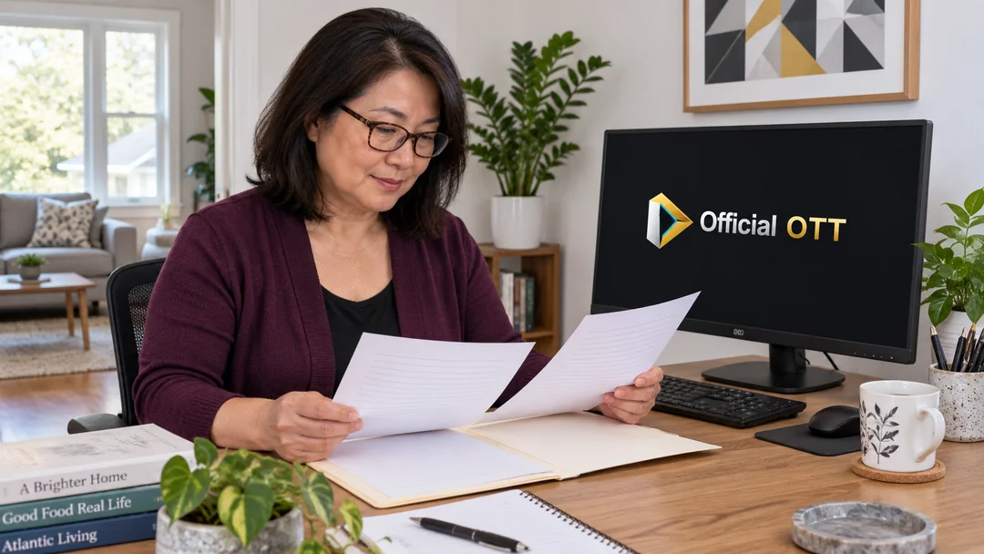 A woman with glasses comparing notes and a folder beside a screen