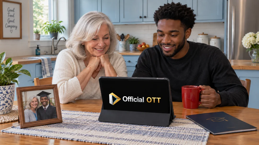 Two adults preparing to watch a ceremony with a family photo and tablet