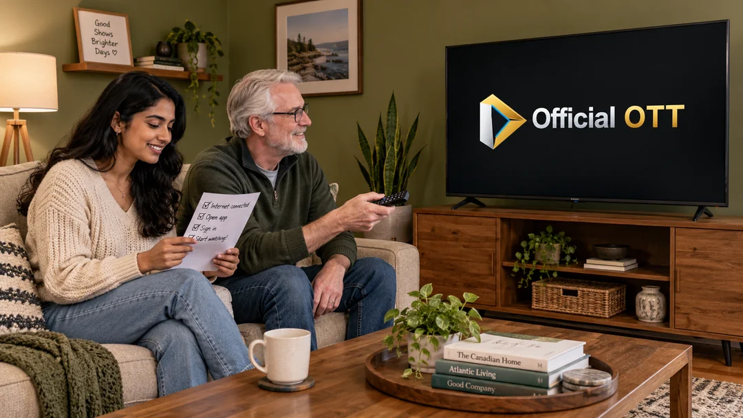 Two adults checking a remote control and their notes in front of a television