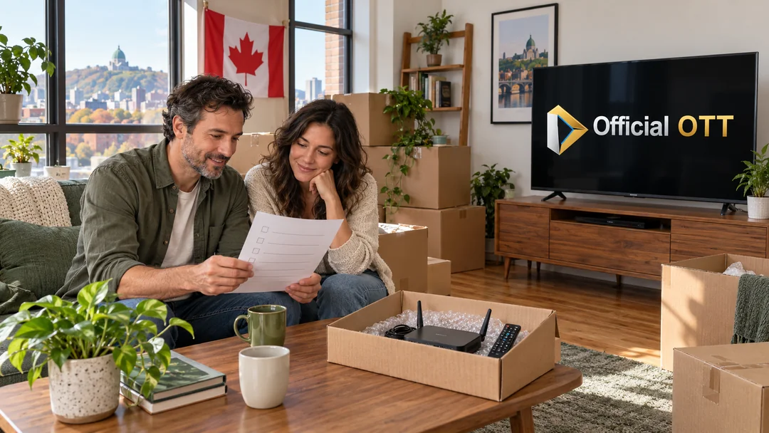 Two adults reviewing a moving checklist beside packed equipment and a television